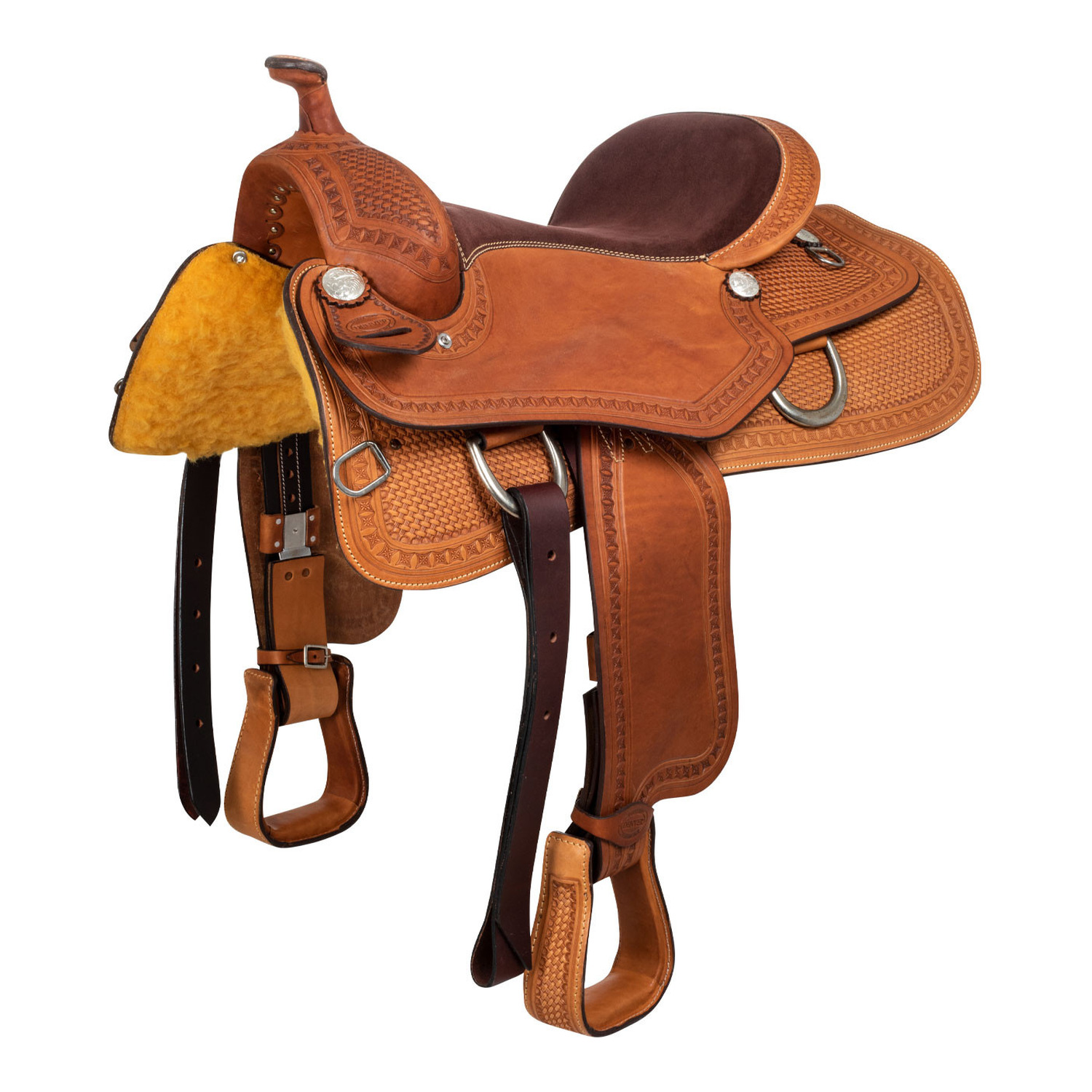 Western-Reining-Sattel aus Leder mit Wildledersitz und Basket-Punzierung