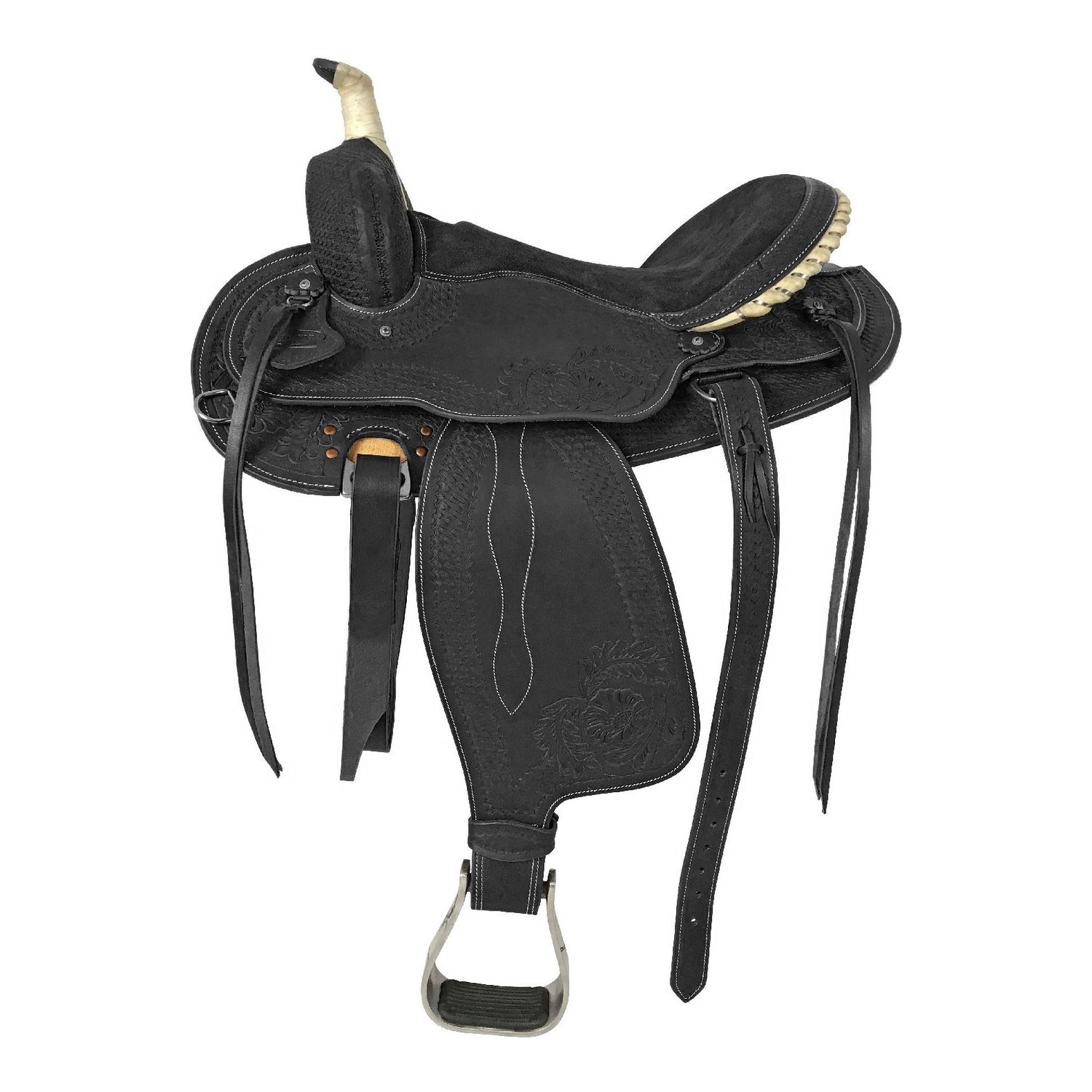 Kurzer Westernsattel aus Leder mit rundem Skirt und Silberverzierung