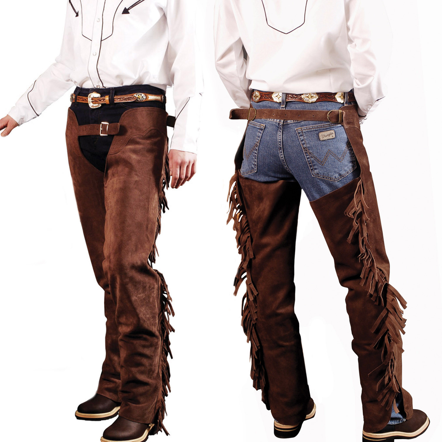 Western-Chaps aus Wildleder mit langen Fransen und seitlichem Reißverschluss – Braun/Schwarz