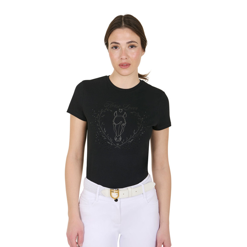 Damen Slim-Fit T-Shirt aus Baumwolle mit Print und Strass