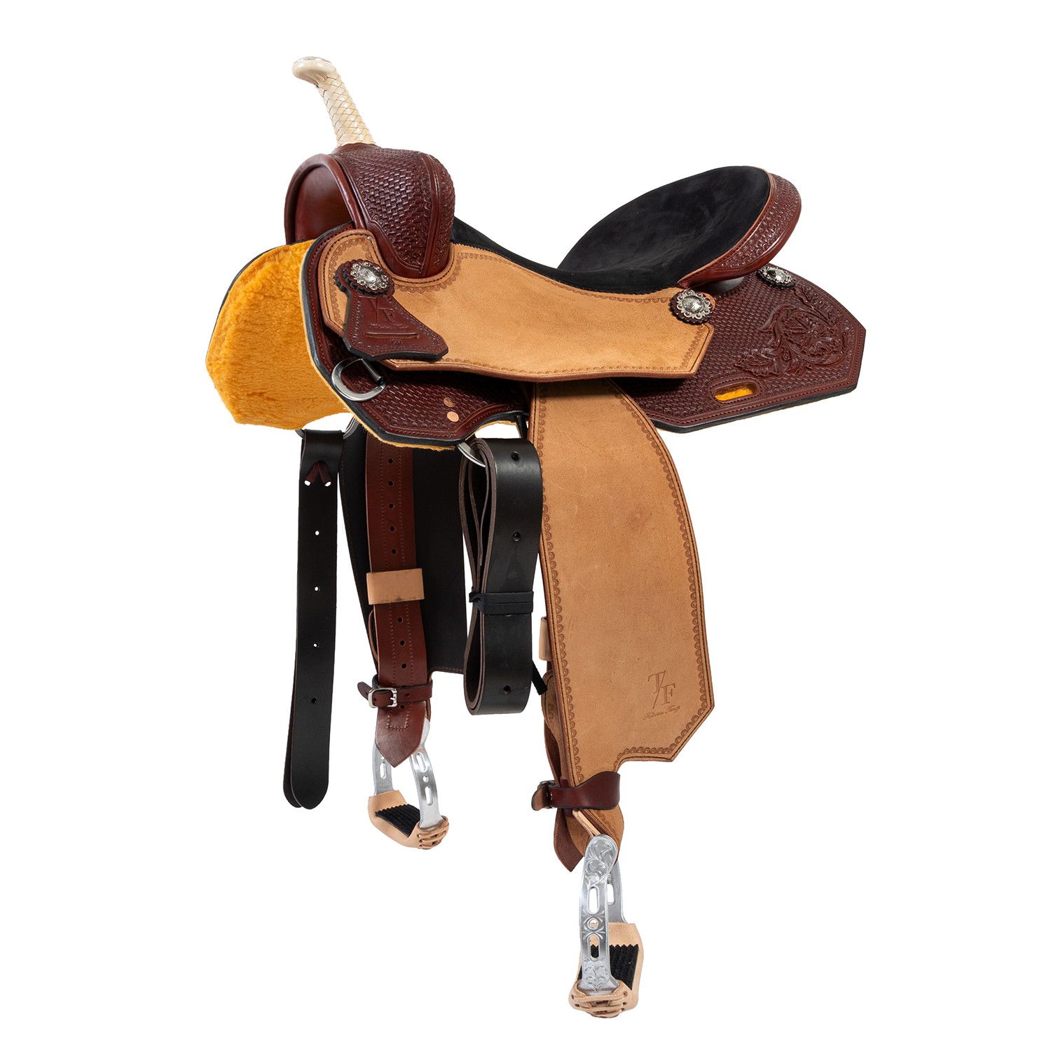 Western-Barrel-Racing-Sattel aus zweifarbigem Leder mit floraler Prägung und schwarzem Rauledersitz