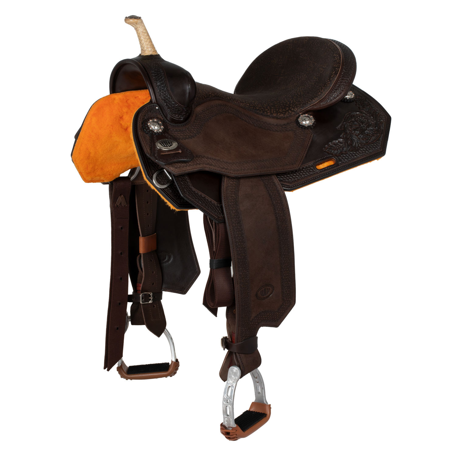 Western-Barrel-Racing-Sattel aus dunkelbraunem Leder mit floraler Prägung