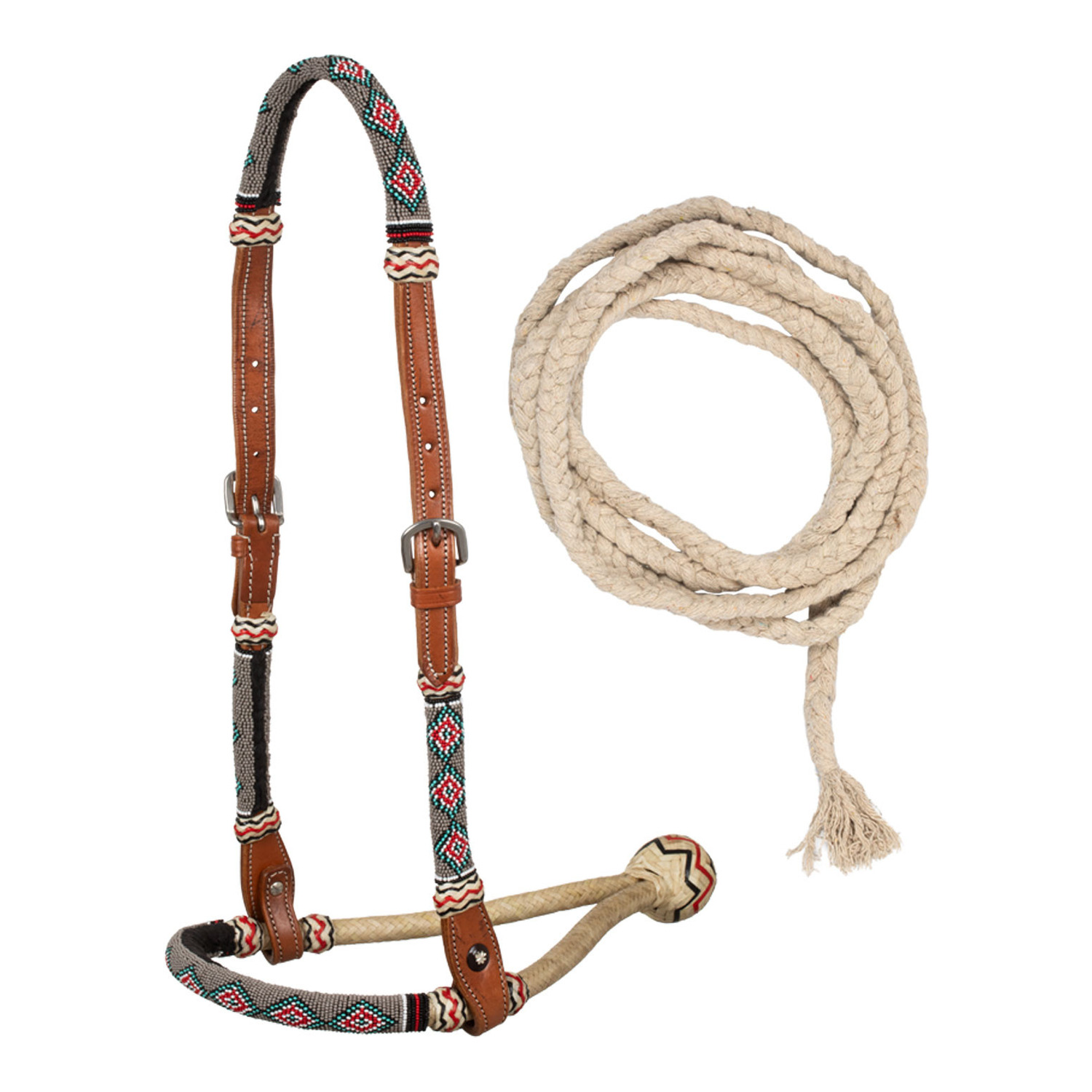 Bosal-Set aus Leder mit Perlenverzierung und Baumwoll-Mecate