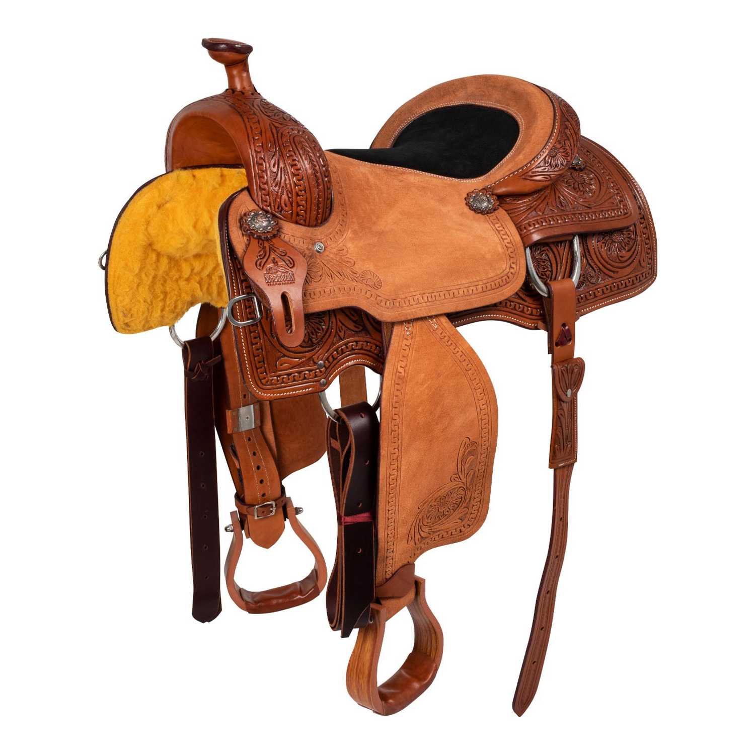 Western-Ranch-Sattel aus gefettetem Leder mit Wildledersitz und floraler Punzierung