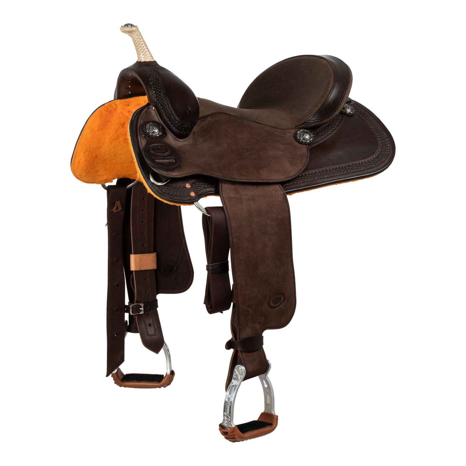 Western-Barrel-Sattel aus Leder mit Basket-Punzierung und gepolstertem Sitz