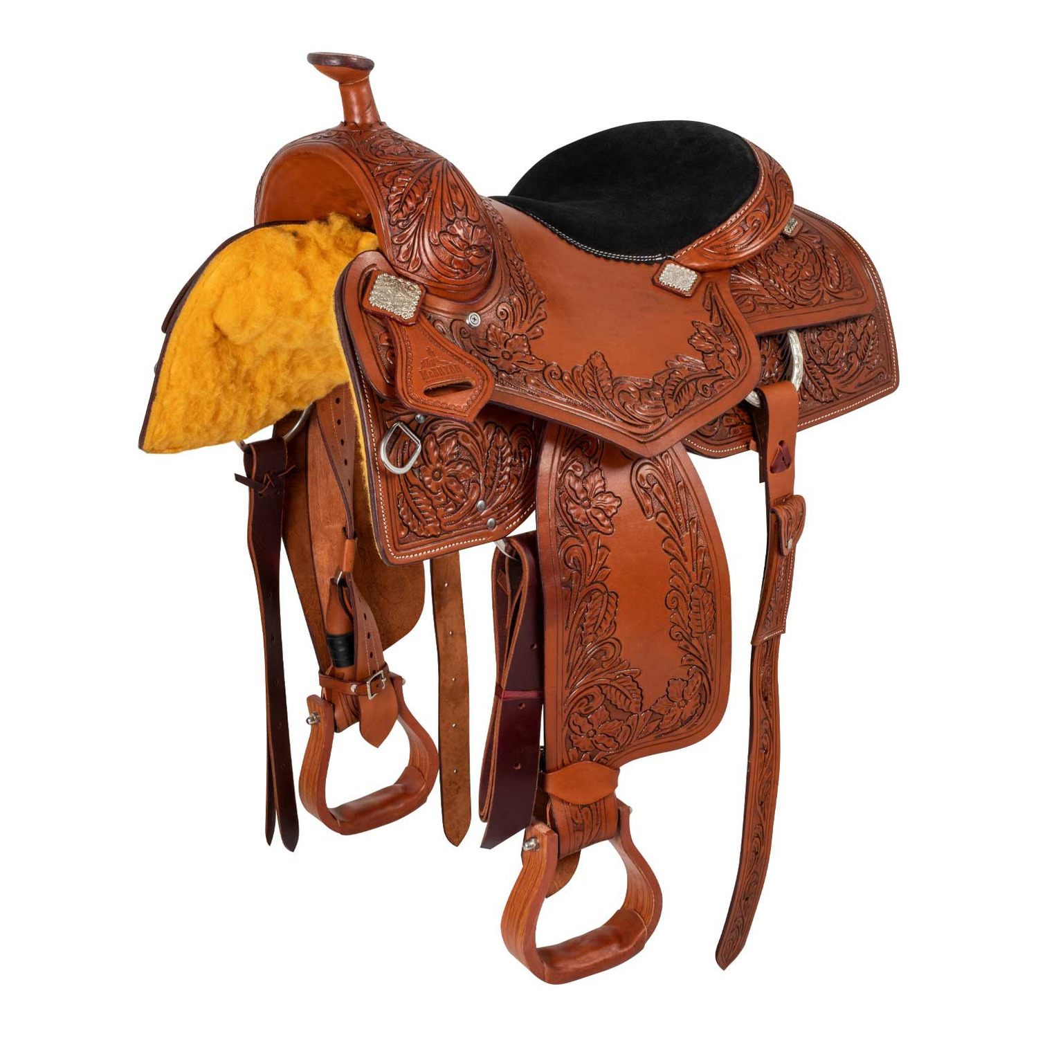 Western-Ranch-Sattel aus gefettetem Leder mit Wildledersitz und floraler Punzierung